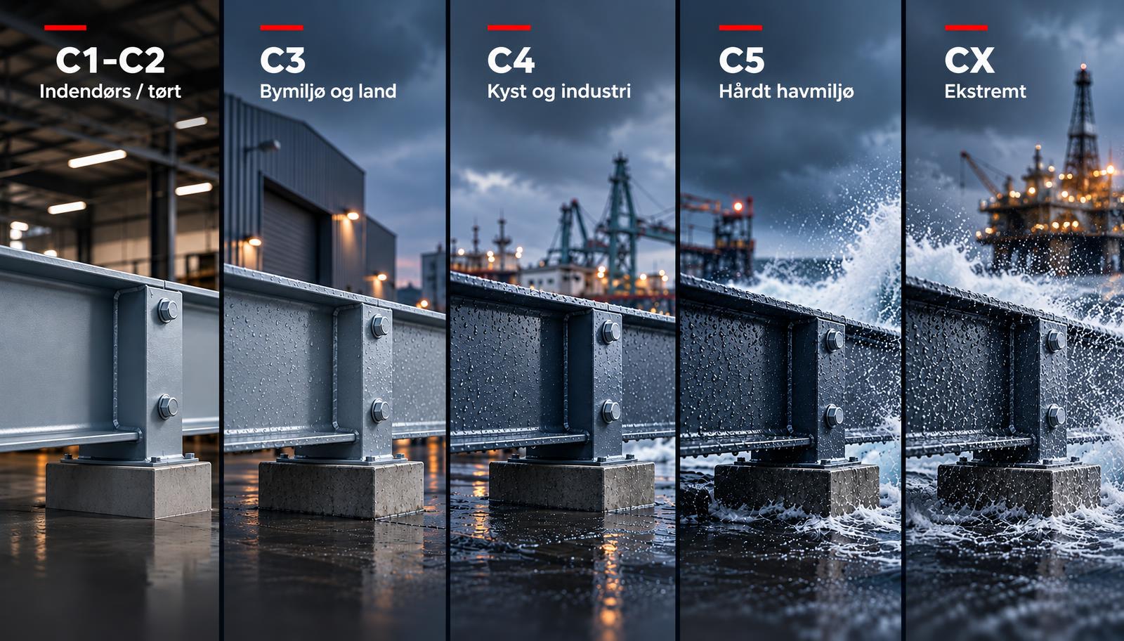 Korrosionsklasser C1–C2, C3, C4, C5 og CX: fra tørre indendørs miljøer til ekstreme offshoremiljøer